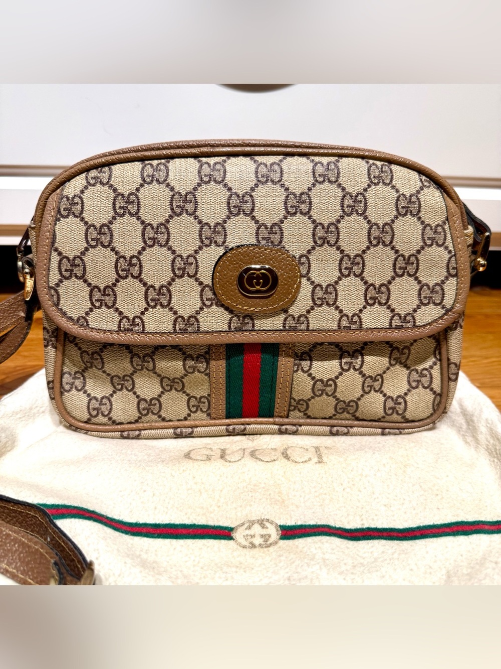 Gucci Beige GG Canvas Crossbody Bag with Web Stripe